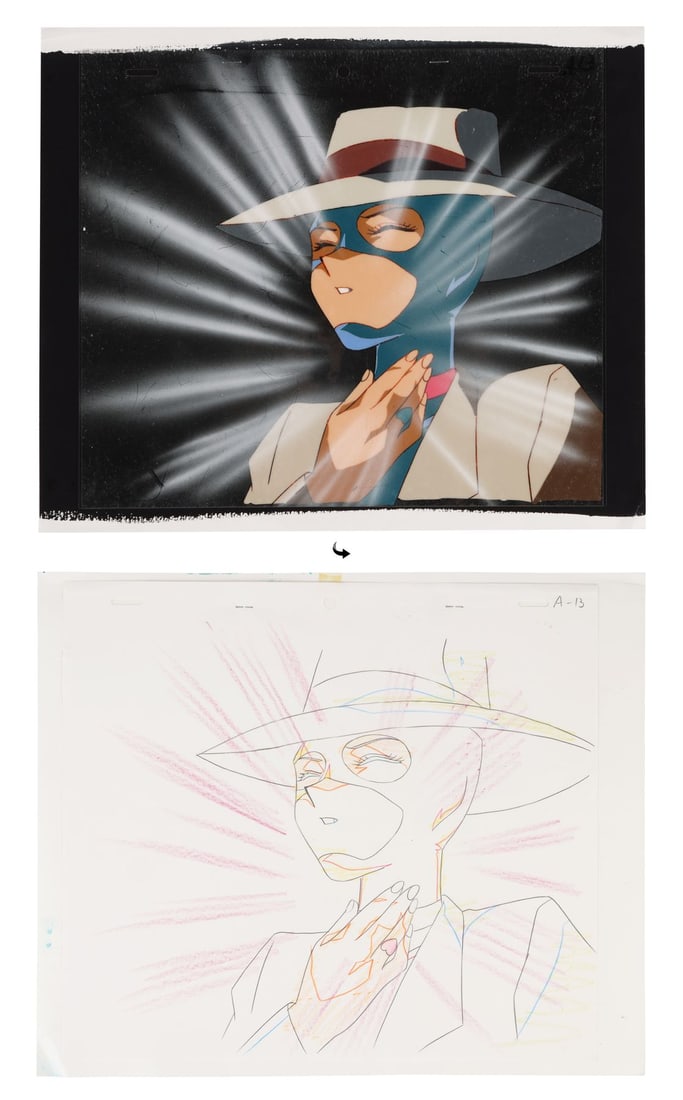 CUTIE HONEY FLASH (TV SERIES, 1997-1998) - Panther Honey Original Production Cel with Matching Douga: CUTIE HONEY FLASH (TV SERIES, 1997-1998) - Panther Honey Original Production Cel with Matching Douga on Printed Presentation Background - Panther Honey is one of the disguises Honey Kisaragi pulls on 