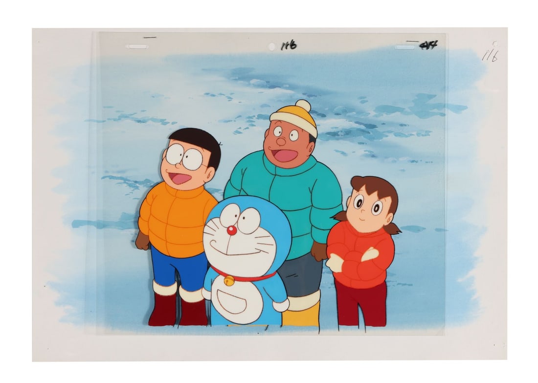 DORAEMON (TV SERIES 1979-PRESENT) - Doraemon, Nobita, Gian and Shizuka Original Production Cel on: DORAEMON (TV SERIES 1979-PRESENT) - Doraemon, Nobita, Gian and Shizuka Original Production Cel on Hand-Painted Key Master Background - Doraemon, Nobita, Gian and Shizuka together on a single cel, bund