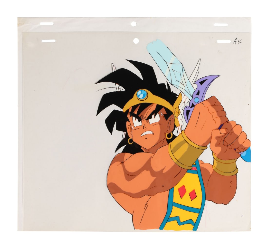 DRAGON QUEST: LEGEND OF THE HERO ABEL (TV SERIES, 1989-1991) - Abel Orginal Production Cel: DRAGON QUEST: LEGEND OF THE HERO ABEL (TV SERIES, 1989-1991) - Abel Orginal Production Cel - Abel drives forward with his sword raised and every muscle braced, the sweat marks on his face telling you 