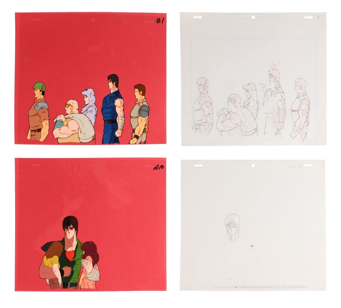 FIST OF THE NORTH STAR (TV SERIES, 1984-1988) - Kenshiro and Post-apocalyptic survivors and Kenshiro: FIST OF THE NORTH STAR (TV SERIES, 1984-1988) - Kenshiro and Post-apocalyptic survivors and Kenshiro and Children Original Production Cels with Matching Dougas - Fist of the North Star sits at the ver