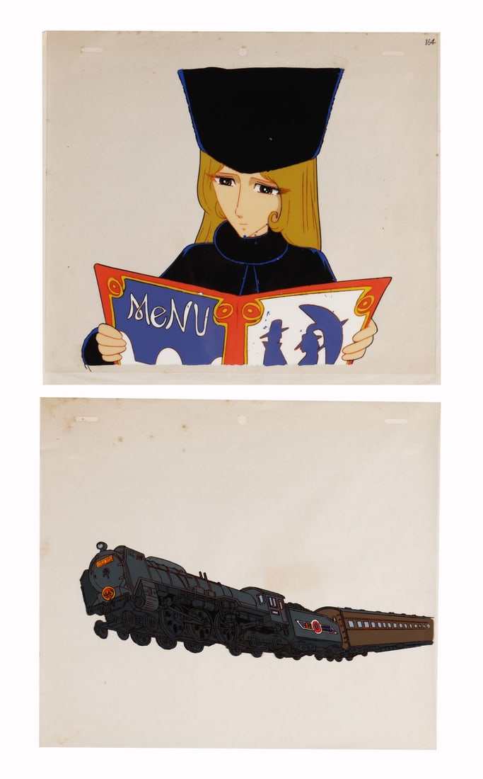 GALAXY EXPRESS 999 (TV SERIES, 1978-1981) - Maetel and Galaxy Express 999 Sericels: GALAXY EXPRESS 999 (TV SERIES, 1978-1981) - Maetel and Galaxy Express 999 Sericels - A paired set of sericels from Galaxy Express 999, Toei Animation's celebrated 1978 science fiction series based on 
