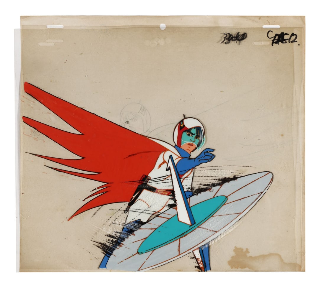 GATCHAMAN (TV SERIES, 1972-1980) - G-1 Ken The Eagle Original Production Cel from "G-1's Andes Love": GATCHAMAN (TV SERIES, 1972-1980) - G-1 Ken The Eagle Original Production Cel from "G-1's Andes Love" - Ken the Eagle leans into the throw of his eagle saucer here, the blade weapon spinning at 18:38 i
