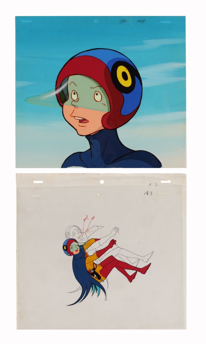 GATCHAMAN (TV SERIES, 1972-1980) - G-4 Jinpei the Swallow Original Production Cels on Printed: GATCHAMAN (TV SERIES, 1972-1980) - G-4 Jinpei the Swallow Original Production Cels on Printed Presentation Background - Jinpei the Swallow is the kid of the Gatchaman team, the reconnaissance expert a