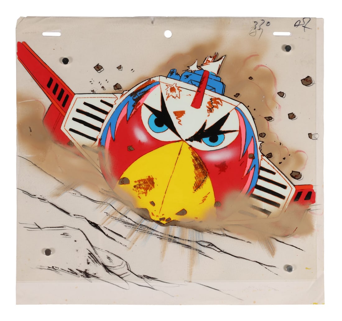GATCHAMAN (TV SERIES, 1972-1980) - New God Phoenix Original Production Cel with Matching Douga from: GATCHAMAN (TV SERIES, 1972-1980) - New God Phoenix Original Production Cel with Matching Douga from "New Dark Clouds" - The God Phoenix comes apart on the rocks here. The team's supersonic plane, the 