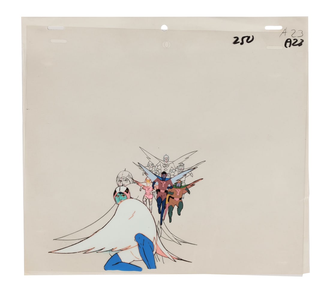 GATCHAMAN (TV SERIES, 1972-1980) - Ken, Joe, Joe, and Ryu Original Production Cel: GATCHAMAN (TV SERIES, 1972-1980) - Ken, Joe, Joe, and Ryu Original Production Cel - The team is here, four of the Science Ninja Team, with Ken the Eagle knocked to the ground in the foreground and the