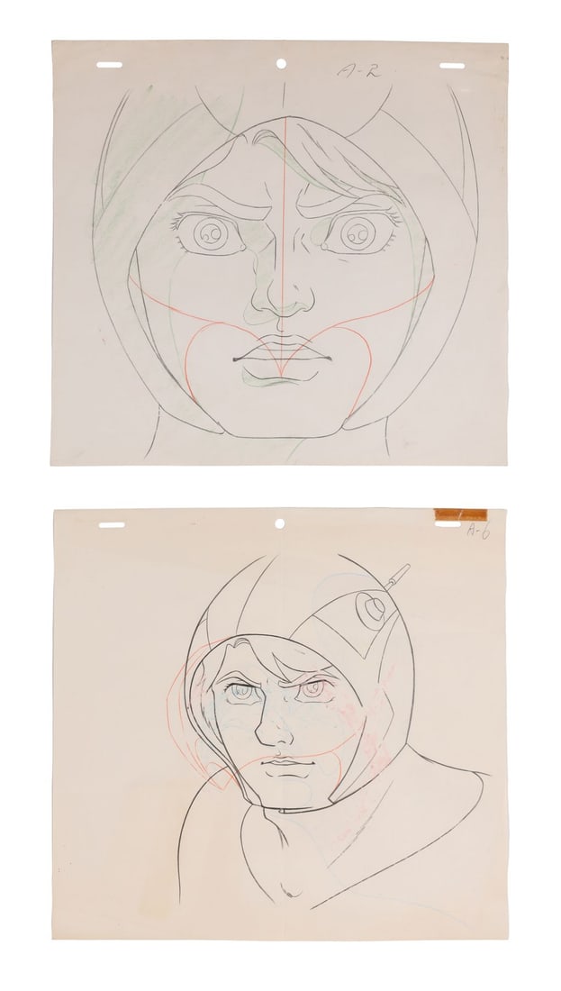 GATCHAMAN (TV SERIES, 1972-1980) - Set of Two G-1 Ken The Eagle Douga Drawings: GATCHAMAN (TV SERIES, 1972-1980) - Set of Two G-1 Ken The Eagle Douga Drawings - Here is Ken Washio, leader of the Science Ninja Team, drawn twice across a pair of in-between sheets that take you righ