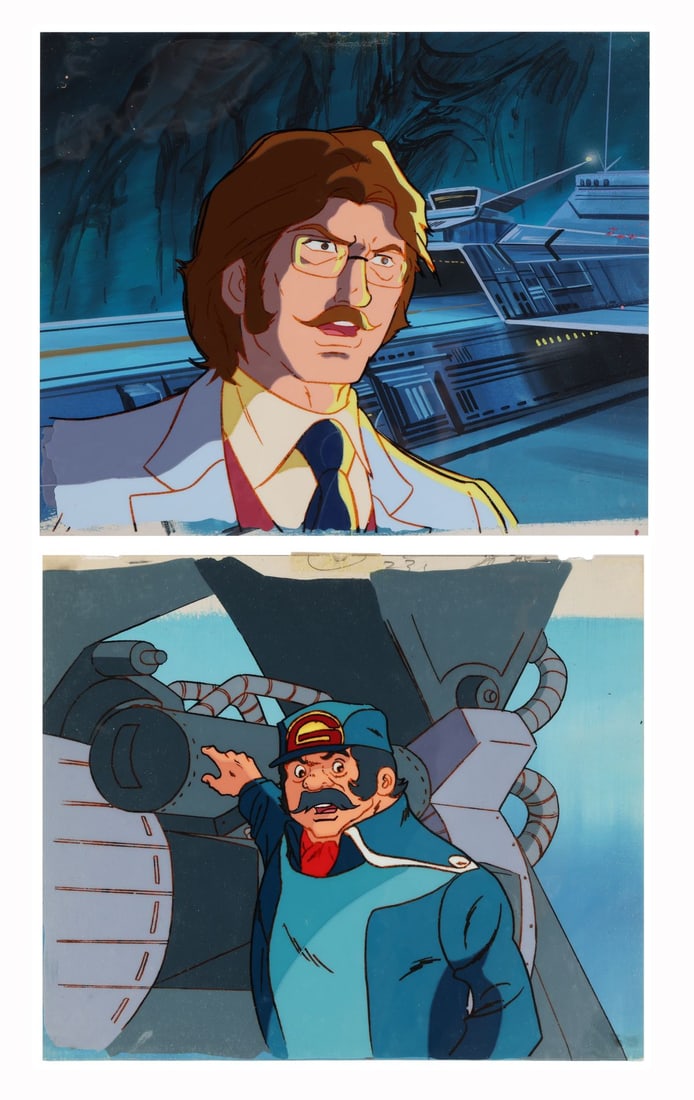 GATCHAMAN (TV SERIES, 1972-1980) - Saburo Kamo and Dr. Kozaburo Nambu Original Production Cels on: GATCHAMAN (TV SERIES, 1972-1980) - Saburo Kamo and Dr. Kozaburo Nambu Original Production Cels on Original Production Backgrounds - Here are two figures from the world of Science Ninja Team Gatchaman.