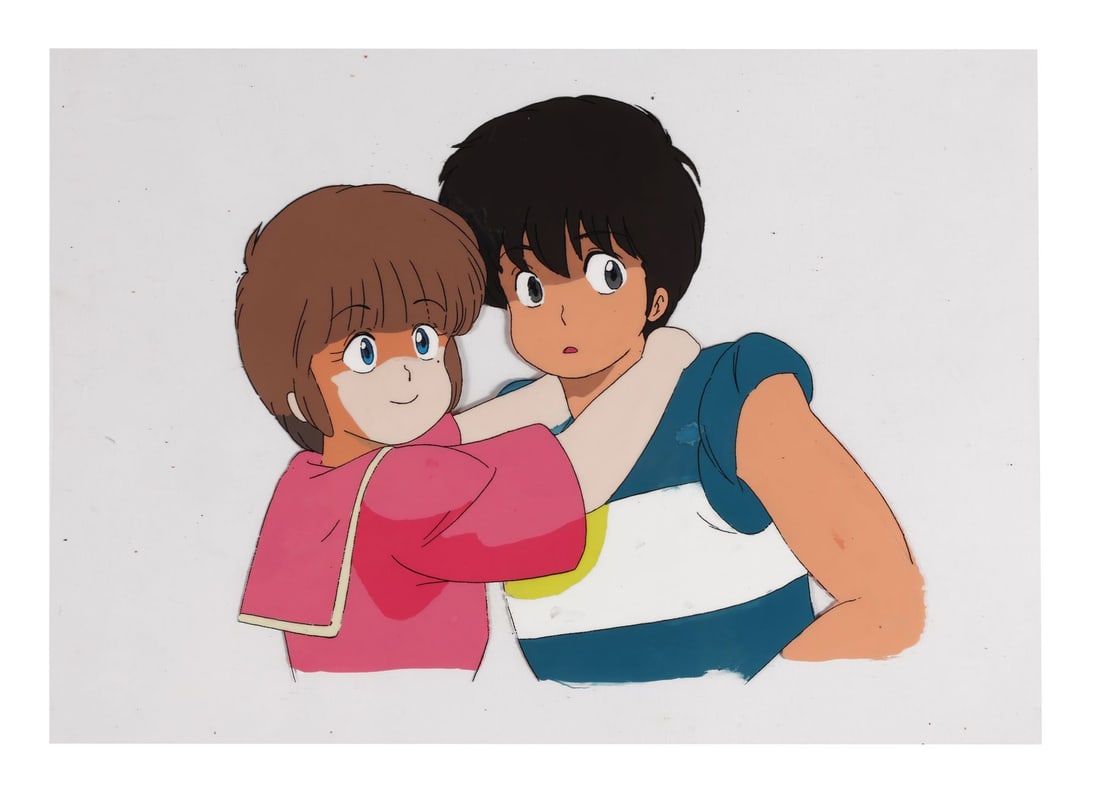 KIMAGURE ORANGE ROAD (TV SERIES, 1985-1988) - Hikaru and Kysuke Original Production Cel: KIMAGURE ORANGE ROAD (TV SERIES, 1985-1988) - Hikaru and Kysuke Original Production Cel - Hikaru with her arms around Ky?suke, the love triangle at its most tender, two of the three corners of the rom
