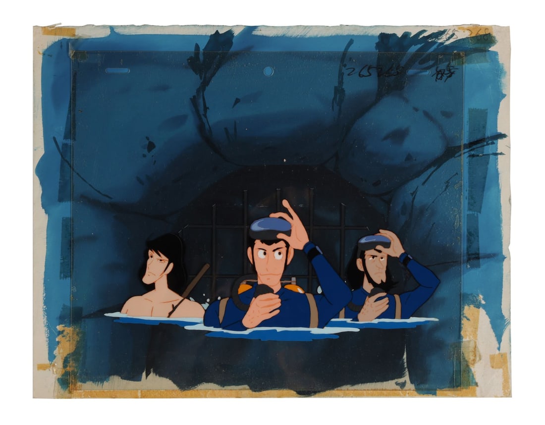 LUPIN THE THIRD PART 2 (TV SERIES, 1977-1980) - Lupin, Jigen, and Goemon Original Production Cel: LUPIN THE THIRD PART 2 (TV SERIES, 1977-1980) - Lupin, Jigen, and Goemon Original Production Cel from "Is the Leaning Tower of Pisa Standing?" on Hand-Painted Key Master Production Background - A supe