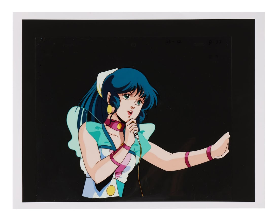 MACROSS: DO YOU REMEMBER LOVE? (1984) - Lynn Minmay Original Production Cel on Fine Art Giclee: MACROSS: DO YOU REMEMBER LOVE? (1984) - Lynn Minmay Original Production Cel on Fine Art Giclee Background - Lynn Minmay at the microphone, singing "Shao Pai Long", right before the transformation anno