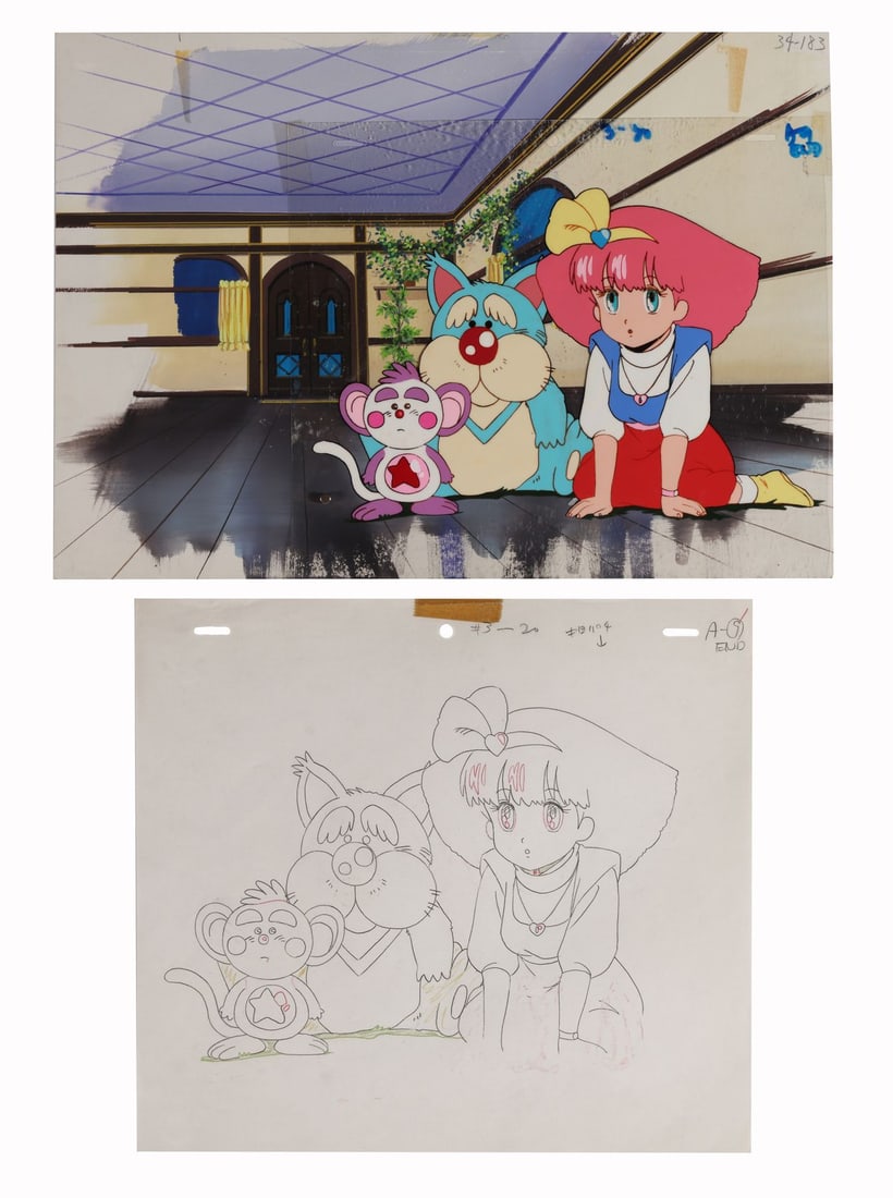 MAGICAL PRINCESS MINKY MOMO (TV SERIES, 1982-1983) - Momo, Sindbook and Mocha Original Production: MAGICAL PRINCESS MINKY MOMO (TV SERIES, 1982-1983) - Momo, Sindbook and Mocha Original Production Cel with Matching Douga on Original Production Background - Magical Princess Minky Momo premiered on T