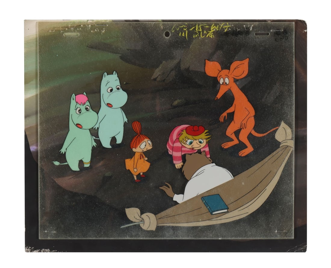 NEW MOOMIN (TV SERIES, 1969-1972) - Moomintroll, Snorkmaiden, Little My, Sniff, Too-Ticky Original: NEW MOOMIN (TV SERIES, 1969-1972) - Moomintroll, Snorkmaiden, Little My, Sniff, Too-Ticky Original Production Cels on Hand-Painted Key Master Background - Six of Tove Jansson's most beloved creations 