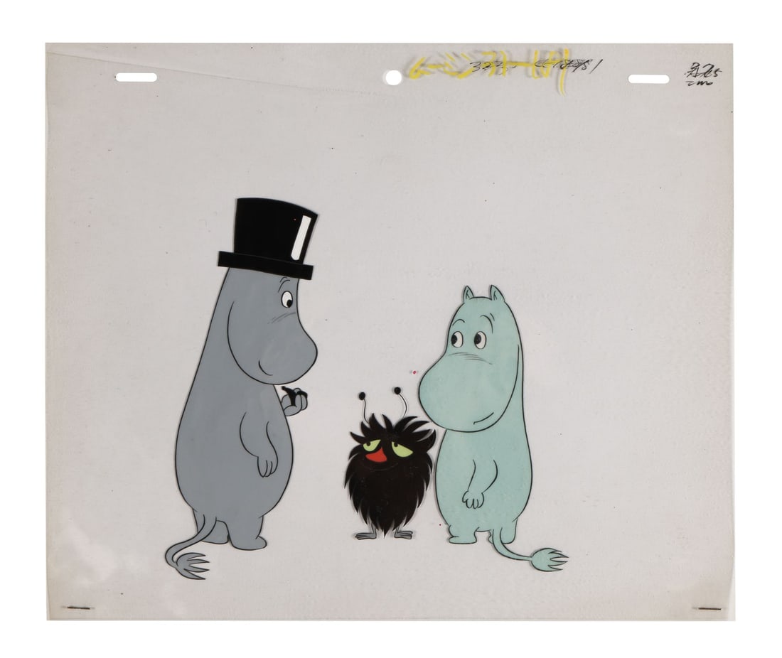NEW MOOMIN (TV SERIES, 1969-1972) - Moomintroll, Moominpapa, and Stinky Original Production Cel: NEW MOOMIN (TV SERIES, 1969-1972) - Moomintroll, Moominpapa, and Stinky Original Production Cel - A superb three-character production cel from the 1972 Moomin (also known as New Moonin) anime series, 