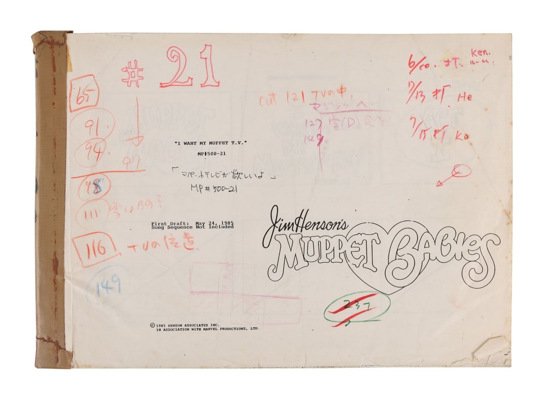 MUPPET BABIES, THE (TV SERIES, 1984-1991) - "I Want My Muppet TV" Complete Photostat Storyboards: MUPPET BABIES, THE (TV SERIES, 1984-1991) - "I Want My Muppet TV" Complete Photostat Storyboards with Handwritten Edits - A Japanese annotated production storyboard for the Muppet Babies, "I Want My M