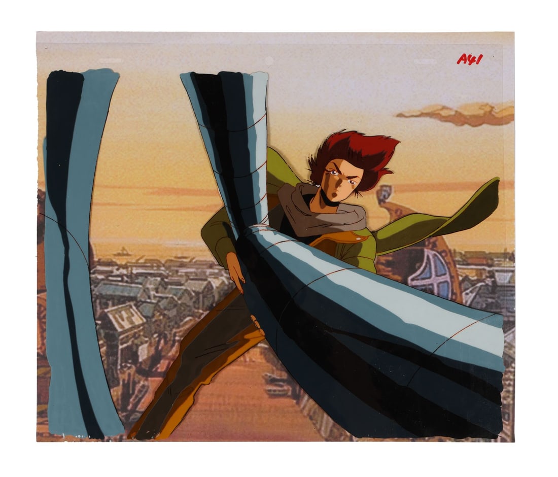 ROBOT CARNIVAL (1987) - Deprive Original Production Cels on Printed Presentation Background: ROBOT CARNIVAL (1987) - Deprive Original Production Cels on Printed Presentation Background - The cyborg hero of "Deprive" airborne. Robot Carnival arrived in 1987 as one of the most ambitious anime O
