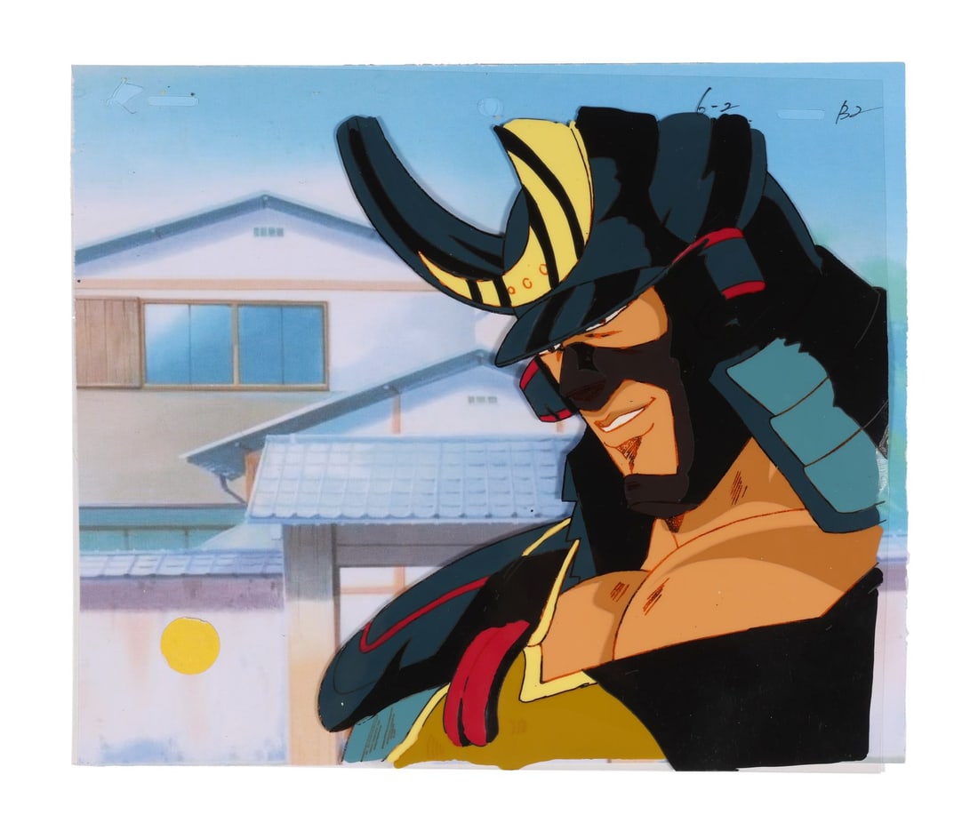 SAKIGAKE!! OTOKOJUKU (TV SERIES, 1988) - Date Omito Original Production Cel on Printed Presentation: SAKIGAKE!! OTOKOJUKU (TV SERIES, 1988) - Date Omito Original Production Cel on Printed Presentation Background - Date Omito is one of the great villains of late-eighties anime. Here in full armour, wi