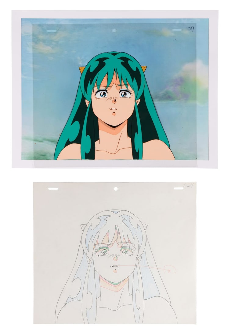 URUSEI YATSURA (TV SERIES, 1981-1986) - Lum Original Production Cel with Matching Douga on Fine Art: URUSEI YATSURA (TV SERIES, 1981-1986) - Lum Original Production Cel with Matching Douga on Fine Art Giclee Background - Lum cycling through genuine relief that Ataru is safe, before exasperation at wh