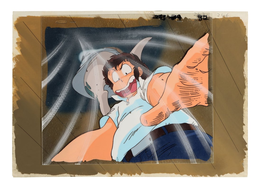 URUSEI YATSURA (TV SERIES, 1981-1986) - Ataru Original Production Cel from "Scaring Ghosts! The: URUSEI YATSURA (TV SERIES, 1981-1986) - Ataru Original Production Cel from "Scaring Ghosts! The Beautiful Sakura's Exorcism!!" on Hand-Painted Key Master Production Background - Ataru Moroboshi is one