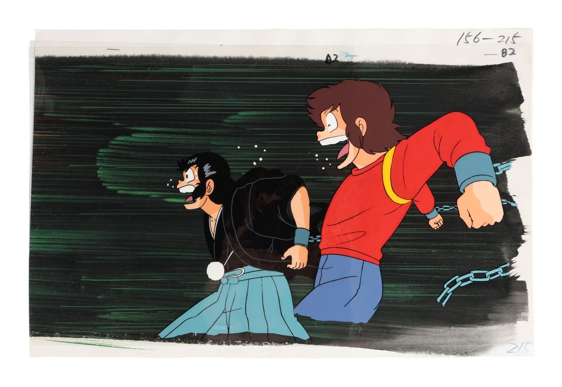 URUSEI YATSURA (TV SERIES, 1981-1986) - Ataru and Mend? Original Production Cel from "Love of the: URUSEI YATSURA (TV SERIES, 1981-1986) - Ataru and Mend? Original Production Cel from "Love of the Armored Daughter! Maiden Heart is Shaky Wobbling" on Hand-Painted Key Master Production Background - A