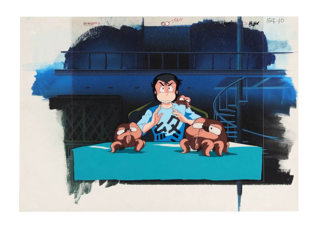 URUSEI YATSURA (TV SERIES, 1981-1986) - Mend? and Octopi Original Production Cel from "Don't Die!: URUSEI YATSURA (TV SERIES, 1981-1986) - Mend? and Octopi Original Production Cel from "Don't Die! Ry?ko's Special Straw Doll!!" on Hand-Painted Key Master Production Background - A wonderful original 