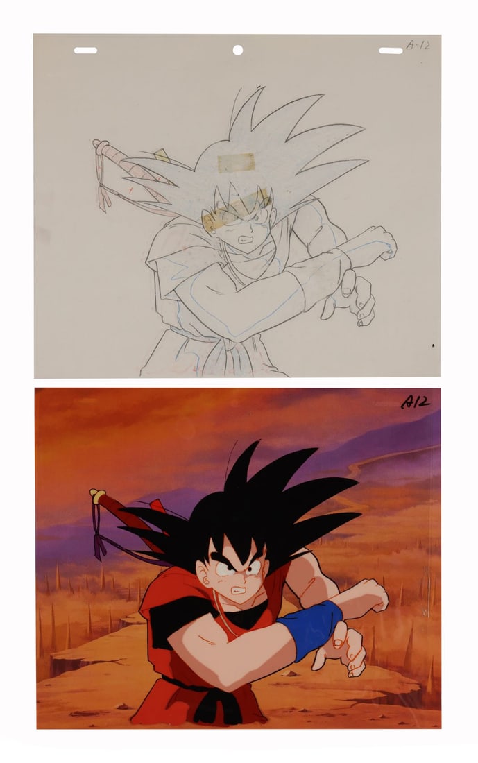 DRAGON BALL (TV SERIES, 1986-1989) - Goku Original Production Cel with Matching Douga from "Mystery: DRAGON BALL (TV SERIES, 1986-1989) - Goku Original Production Cel with Matching Douga from "Mystery of the Dark World" on Printed Presentation Background - Goku mid-fight, the Bansho Fan still strappe
