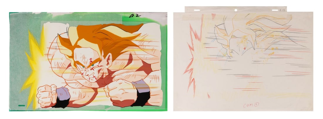 DRAGON BALL Z (TV SERIES, 1989-1996) - Super Saiyan Goku Original Production Pan Cel with Matching: DRAGON BALL Z (TV SERIES, 1989-1996) - Super Saiyan Goku Original Production Pan Cel with Matching Douga from "Namek's Explosion - Super Saiyan Goku in full flight across the surface of a dying Namek.