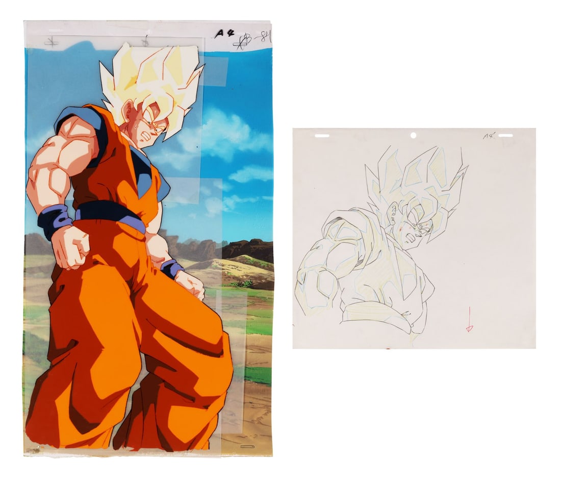 DRAGON BALL Z (TV SERIES, 1989-1996) - Super Saiyan Goku Original Production Pan Cel with Matching: DRAGON BALL Z (TV SERIES, 1989-1996) - Super Saiyan Goku Original Production Pan Cel with Matching Douga from "Double Trouble for Goku" on Hand-Painted Master Background - Super Saiyan Goku, full figu