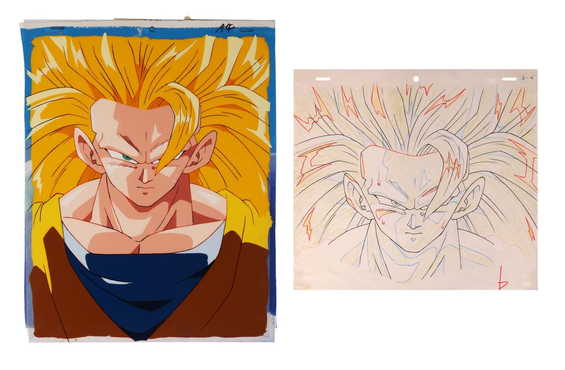 DRAGON BALL Z (TV SERIES, 1989-1996) - Super Saiyan 3 Goku Original Production Pan Cel with Matching: DRAGON BALL Z (TV SERIES, 1989-1996) - Super Saiyan 3 Goku Original Production Pan Cel with Matching Douga from "Goku's Time Is Up" on Hand-Painted Master Background - Super Saiyan 3 Goku, rendered as
