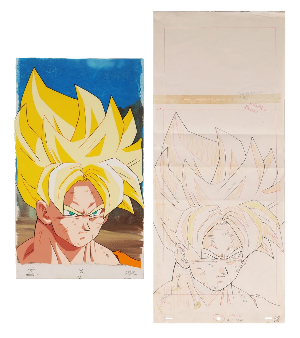 DRAGON BALL Z (TV SERIES, 1989-1996) - Super Saiyan Goku Original Production Pan Cel with Matching: DRAGON BALL Z (TV SERIES, 1989-1996) - Super Saiyan Goku Original Production Pan Cel with Matching Douga on Hand-Painted Master Production Background - Super Saiyan Goku fills the frame in this vertic