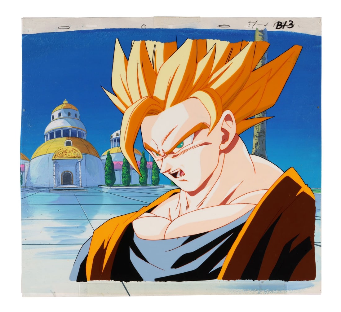 DRAGON BALL Z (TV SERIES, 1989-1996) - Super Saiyan 2 Goku Oversized Original Production Cel from: DRAGON BALL Z (TV SERIES, 1989-1996) - Super Saiyan 2 Goku Oversized Original Production Cel from "Super Saiyan 3?!" on Hand-Painted Key Master Background - Super Saiyan 2 Goku fills the frame against
