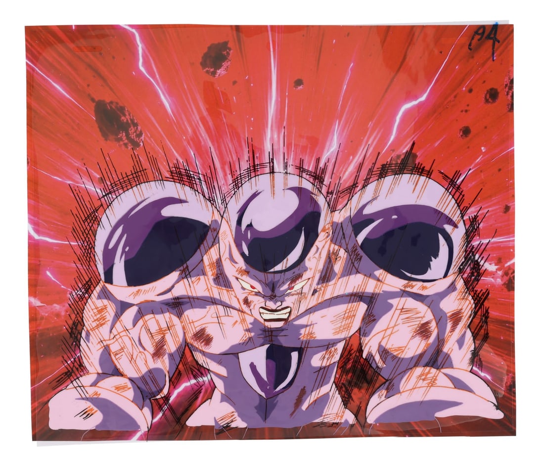 DRAGON BALL Z (TV SERIES, 1989-1996) - Frieza Original Production Cel on Printed Presentation: DRAGON BALL Z (TV SERIES, 1989-1996) - Frieza Original Production Cel on Printed Presentation Background from "Gohan Returns!" - Frieza at full fury, filling the frame from edge to edge, locked in the