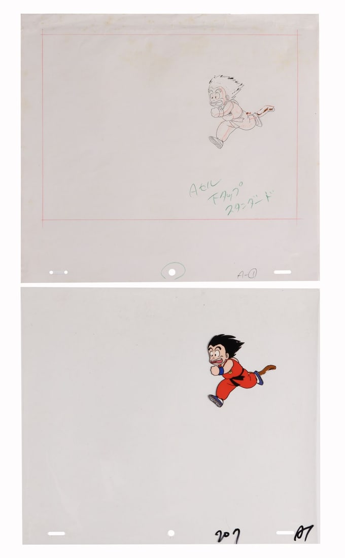 DRAGON BALL (TV SERIES, 1986-1989) - Goku Original Production Cel with Matching Douga: DRAGON BALL (TV SERIES, 1986-1989) - Goku Original Production Cel with Matching Douga - An original production cel of kid Goku mid-sprint, tail trailing behind him, from Toei Animation's original Drag