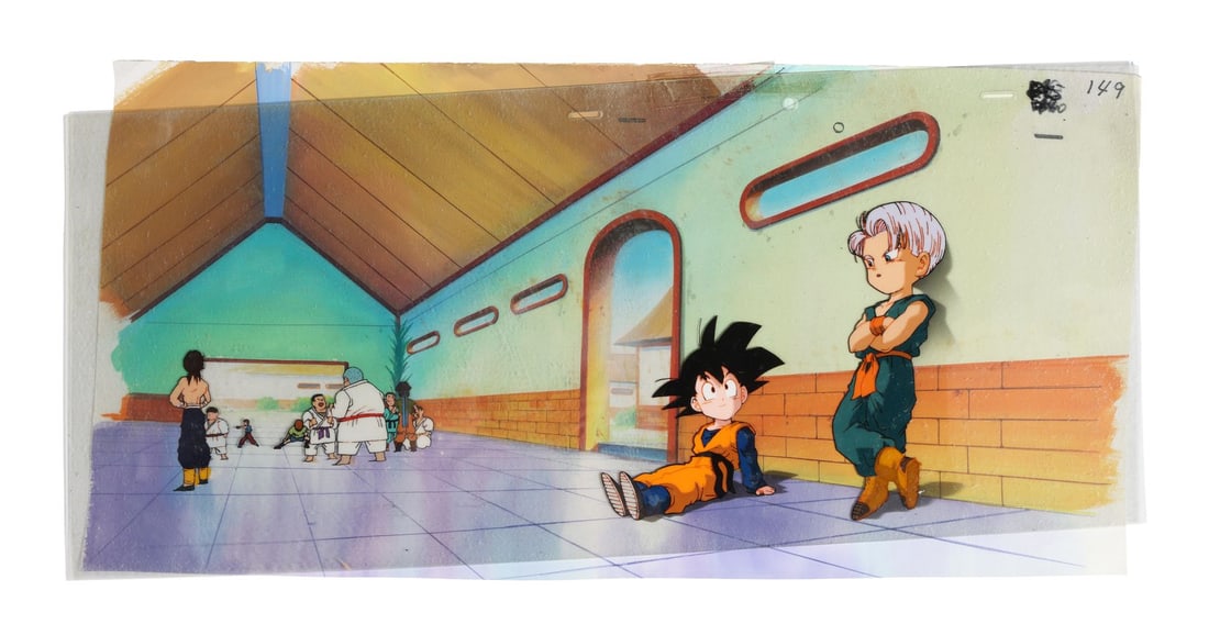 DRAGON BALL Z (TV SERIES, 1989-1996) - Goten and Trunks Original Production Pan Cel from "The World: DRAGON BALL Z (TV SERIES, 1989-1996) - Goten and Trunks Original Production Pan Cel from "The World Tournament" on Hand-Painted Key Master Background - Goten and Trunks, sitting out the wait before th