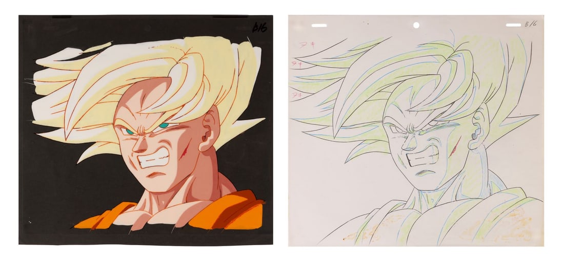 DRAGON BALL Z (TV SERIES, 1989-1996) - Super Saiyan Goku Original Production Cel on Printed: DRAGON BALL Z (TV SERIES, 1989-1996) - Super Saiyan Goku Original Production Cel on Printed Presentation Background with Matching Douga from "Goku vs. Pikkon" - An original hand-painted production cel