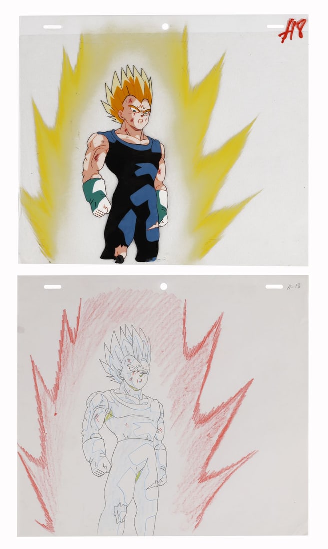 DRAGON BALL Z (TV SERIES, 1989-1996) - Majin Vegeta Original Production Cel with Matching Douga from: DRAGON BALL Z (TV SERIES, 1989-1996) - Majin Vegeta Original Production Cel with Matching Douga from "The Losses Begin" - Majin Vegeta standing in full Super Saiyan aura, caught moments after he knock