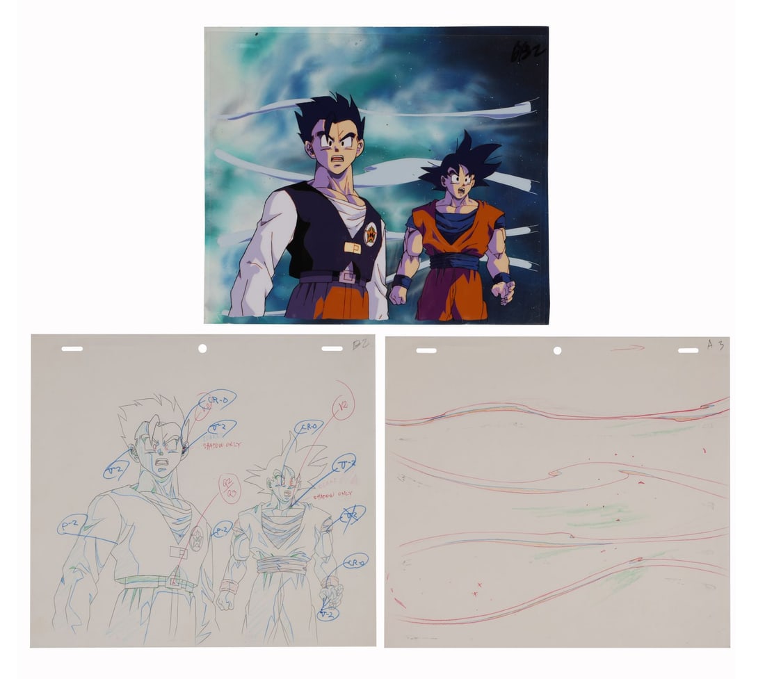 DRAGON BALL Z: WRATH OF THE DRAGON (1995) - Goku and Gohan Original Production Cel with Matching: DRAGON BALL Z: WRATH OF THE DRAGON (1995) - Goku and Gohan Original Production Cel with Matching Douga Drawings on Hand-Painted Production Background - Goku and Gohan side by side, father and son, cau