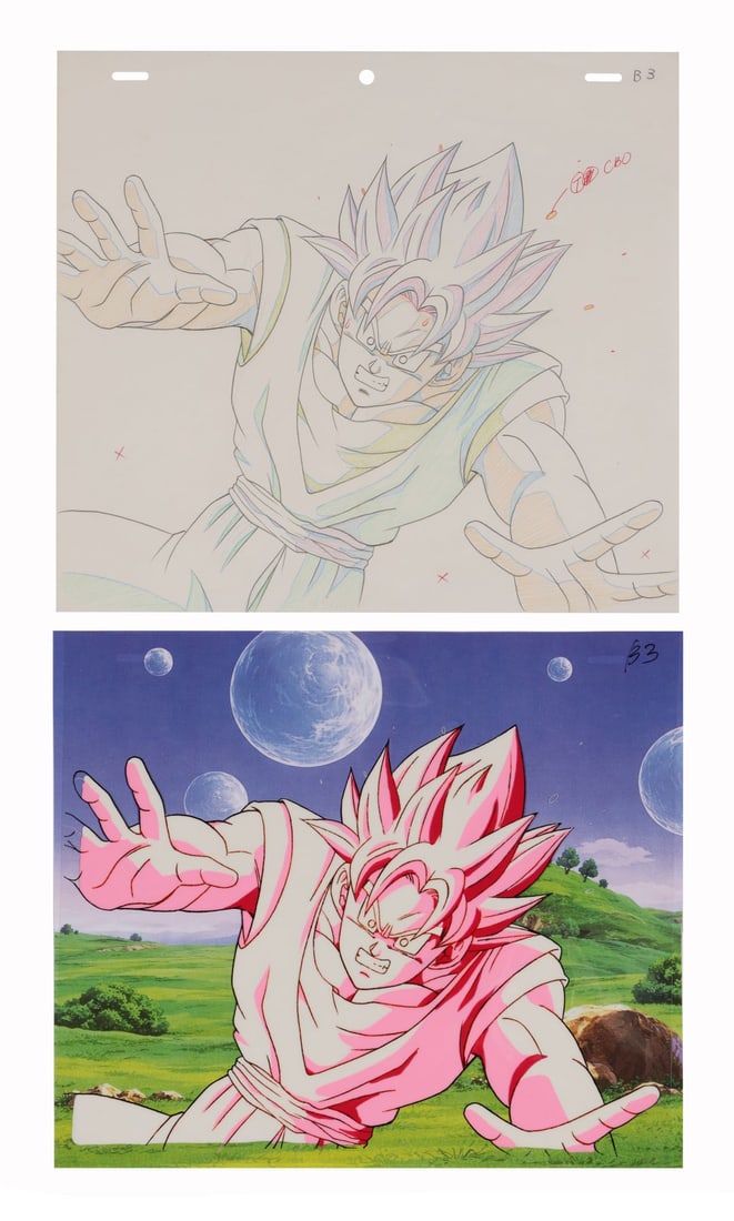 DRAGON BALL Z (TV SERIES, 1989-1996) - Super Saiyan Goku Original Production Cel on Printed: DRAGON BALL Z (TV SERIES, 1989-1996) - Super Saiyan Goku Original Production Cel on Printed Presentation Background with Matching Douga Drawing from "End of Earth" - Goku standing in a wash of pink en