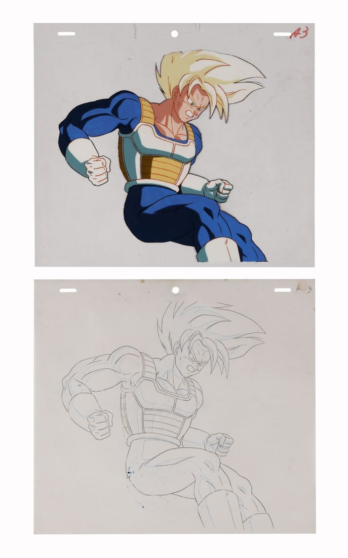 DRAGON BALL Z (TV SERIES, 1989-1996) - Super Saiyan Goku Original Production Cel and Matching Douga: DRAGON BALL Z (TV SERIES, 1989-1996) - Super Saiyan Goku Original Production Cel and Matching Douga Drawing from "What is the Tournament?" - Super Saiyan Goku in full Saiyan armour is one of the stran