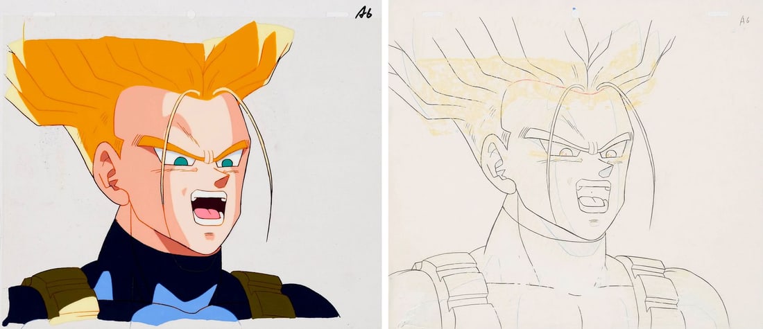 DRAGON BALL Z (TV SERIES, 1989-1996) - Super Saiyan Future Trunks Original Production Cel and: DRAGON BALL Z (TV SERIES, 1989-1996) - Super Saiyan Future Trunks Original Production Cel and Matching Douga Drawing from "Free the Future" - Future Trunks in Super Saiyan form, closing out his story 