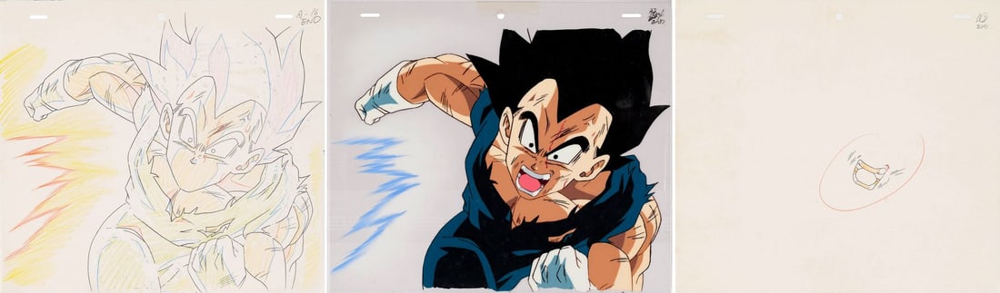 DRAGON BALL Z: FUSION REBORN (1995) - Vegeta Original Production Cel with Matching Douga Drawing: DRAGON BALL Z: FUSION REBORN (1995) - Vegeta Original Production Cel with Matching Douga Drawing - Vegeta blaming Goku for a failed fusion that was entirely his own fault is one of the great running g