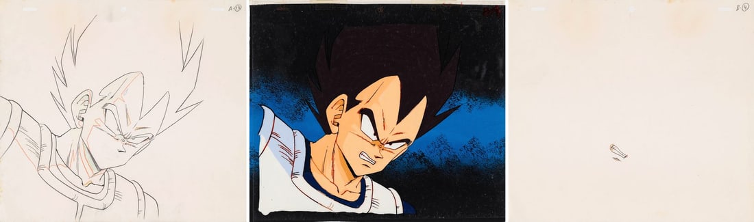 DRAGON BALL Z (TV SERIES, 1989-1996) - Vegeta Original Production Cel on Original Production: DRAGON BALL Z (TV SERIES, 1989-1996) - Vegeta Original Production Cel on Original Production Background with Matching Douga Drawing from "Fighting Power: One Million??" - Proud, calculating, utterly c