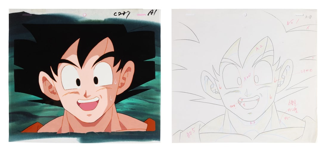 DRAGON BALL Z (TV SERIES, 1989-1996) - Goku Original Production Cel on Hand-Painted Production: DRAGON BALL Z (TV SERIES, 1989-1996) - Goku Original Production Cel on Hand-Painted Production Background with Matching Douga from "Goku's Time Is Up" - Goku at his most Goku, beaming through whatever