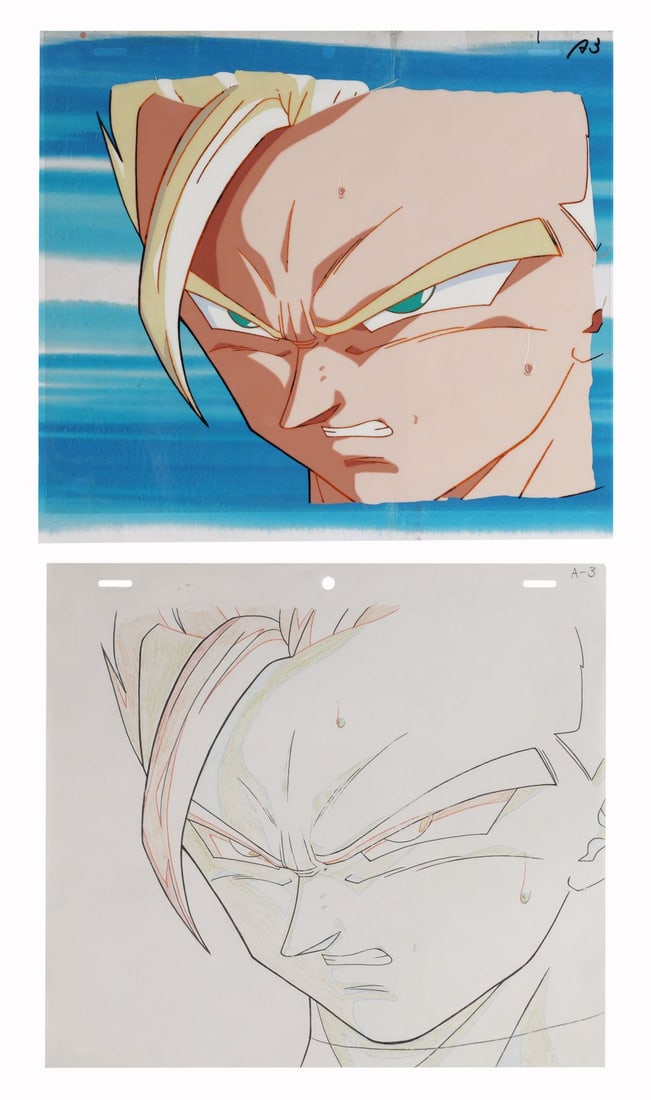 DRAGON BALL Z (TV SERIES, 1989-1996) - Super Saiyan 2 Gohan Original Production Cel on Hand-Painted: DRAGON BALL Z (TV SERIES, 1989-1996) - Super Saiyan 2 Gohan Original Production Cel on Hand-Painted Production Background with Matching Douga Drawing from "Buu is Hatched" - An original production cel