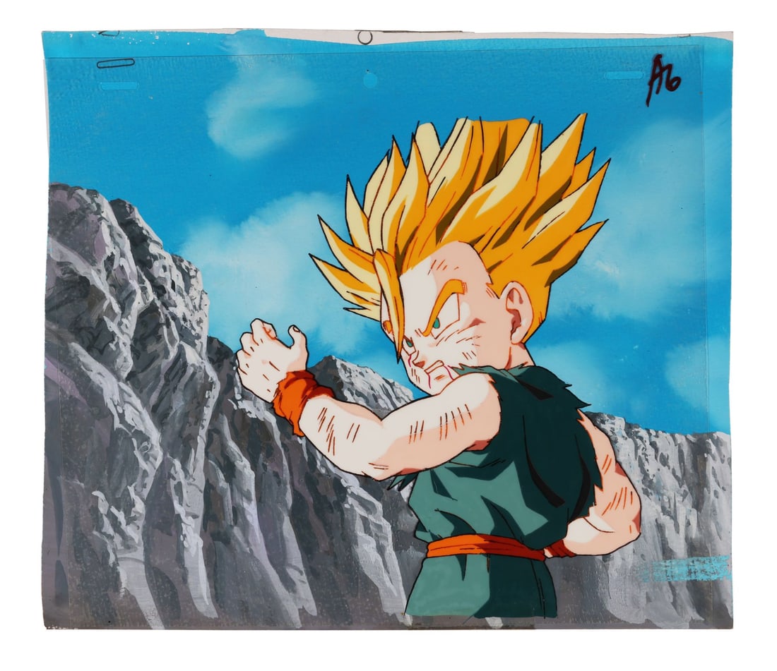 DRAGON BALL Z: BIO-BROLY (1994) - Super Saiyan Trunks Original Production Cel on Hand-Painted: DRAGON BALL Z: BIO-BROLY (1994) - Super Saiyan Trunks Original Production Cel on Hand-Painted Production Background - Super Saiyan Trunks ready for combat, on an original hand-painted production cel f