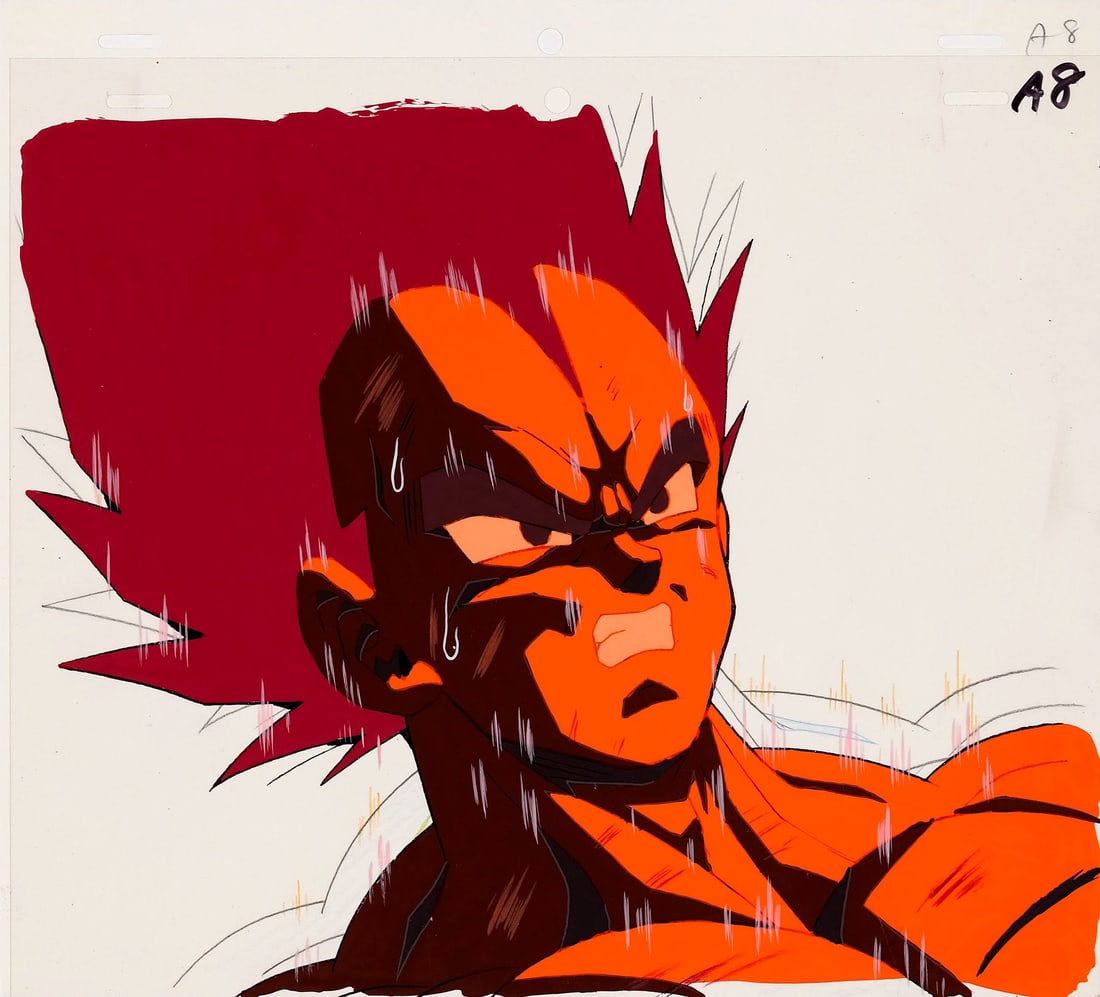 DRAGON BALL Z (TV SERIES, 1989-1996) - Vegeta Original Production Cel from "Z Warriors Prepare": DRAGON BALL Z (TV SERIES, 1989-1996) - Vegeta Original Production Cel from "Z Warriors Prepare" - At 05:00 in "Z Warriors Prepare" we see Vegeta training, pushing through a 300x gravity programme that