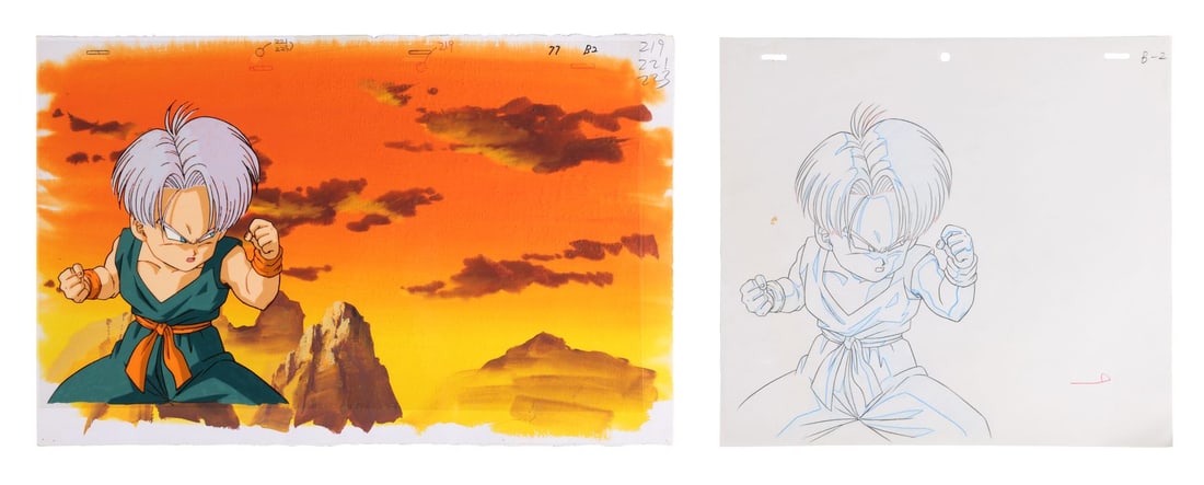 DRAGON BALL Z (TV SERIES, 1989-1996) - Trunks Original Production Cel on Hand-Painted Master: DRAGON BALL Z (TV SERIES, 1989-1996) - Trunks Original Production Cel on Hand-Painted Master Background with Matching Douga - Trunks cel and douga, fists clenched, with a hand-painted master backgroun