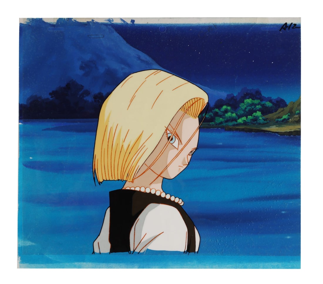 DRAGON BALL Z (TV SERIES, 1989-1996) - Android 18 Original Production Cel on Hand-Painted Production: DRAGON BALL Z (TV SERIES, 1989-1996) - Android 18 Original Production Cel on Hand-Painted Production Background with Matching Douga from "One More Wish" - Android 18 at the precise moment she chooses 