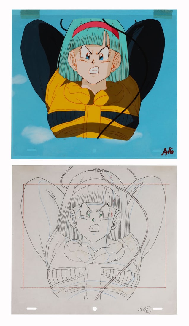 DRAGON BALL Z (TV SERIES, 1989-1996) - Bulma Original Production Cel on Hand-Painted Production: DRAGON BALL Z (TV SERIES, 1989-1996) - Bulma Original Production Cel on Hand-Painted Production Background with Matching Douga from "A Legend Revealed" - Bulma has never been happy about being left be
