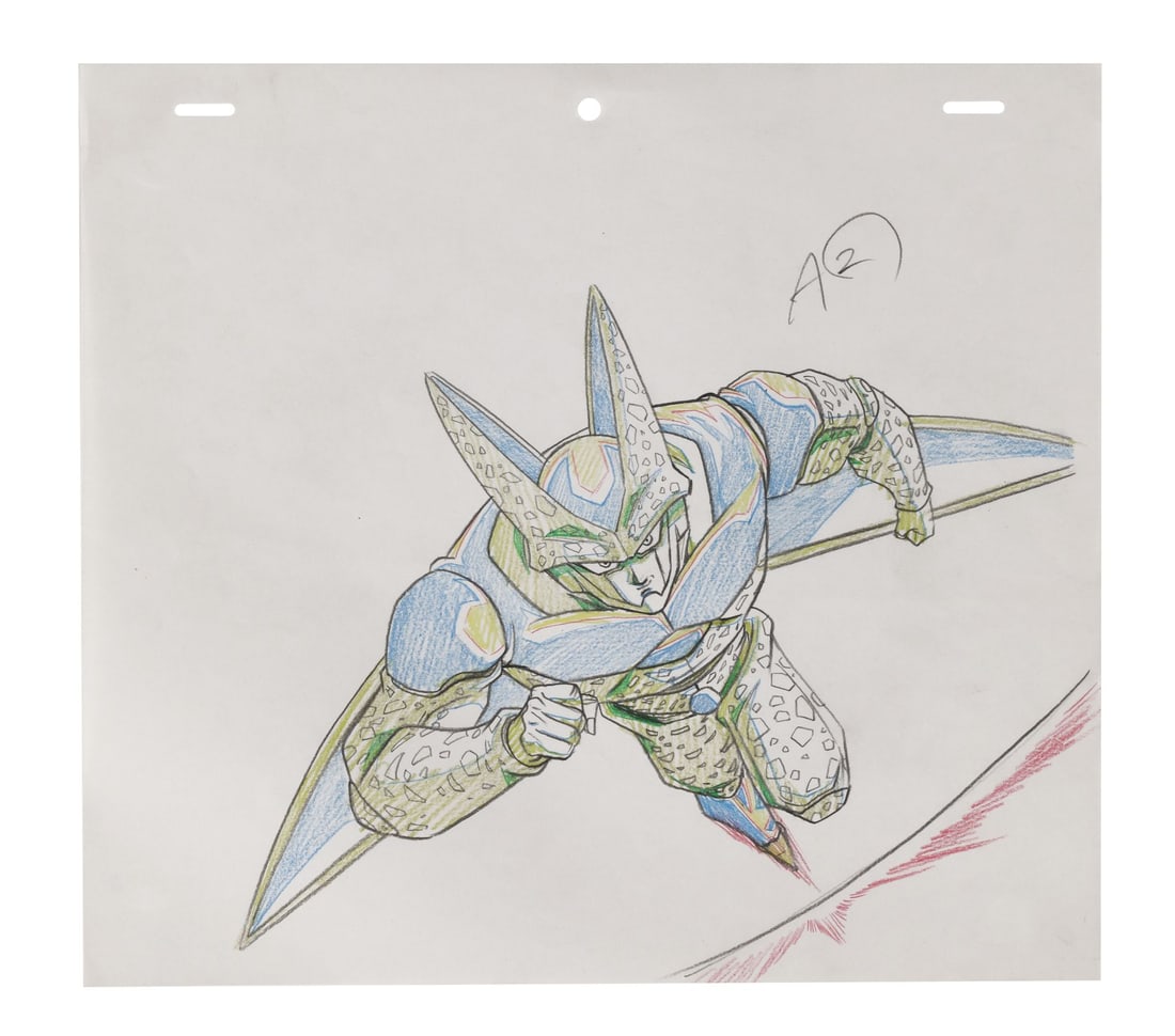 DRAGON BALL Z (TV SERIES, 1989-1996) - Perfect Cell Genga Drawing from "Gohan's Plea": DRAGON BALL Z (TV SERIES, 1989-1996) - Perfect Cell Genga Drawing from "Gohan's Plea" - Perfect Cell in full flight, drawn by key animator Yuji Hakamada for episode 182 "Gohan's Plea" of Dragon Ball Z