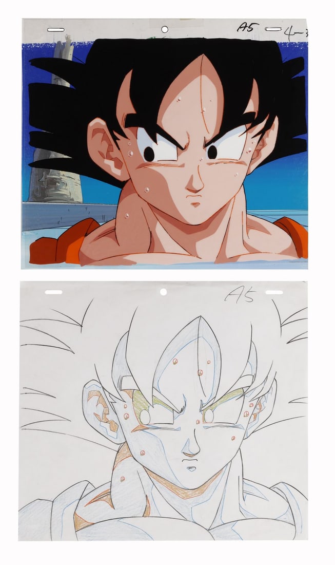DRAGON BALL Z (TV SERIES, 1989-1996) - Goku Original Production Cel on Hand-Painted Master: DRAGON BALL Z (TV SERIES, 1989-1996) - Goku Original Production Cel on Hand-Painted Master Background with Matching Douga from "The Fusion Dance" - Goku in close-up, the moment he thinks back to his p